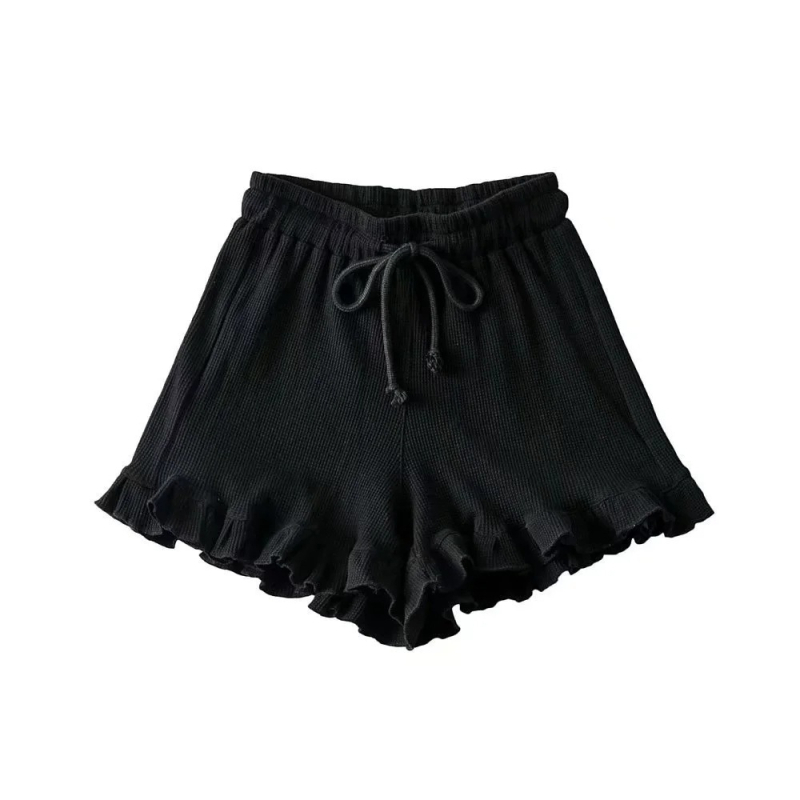 Ženski casual šorts s čipkastim rubom i waffle uzorom, ljetni, elastičan pojas s vezicom, volani rub, sportski stil