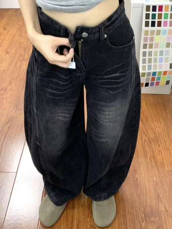 Ženske traperice visokog struka u američkom retro stilu, crno-siva boja, široka silueta, izblijedjeli učinak, vintage stil, duljina do poda