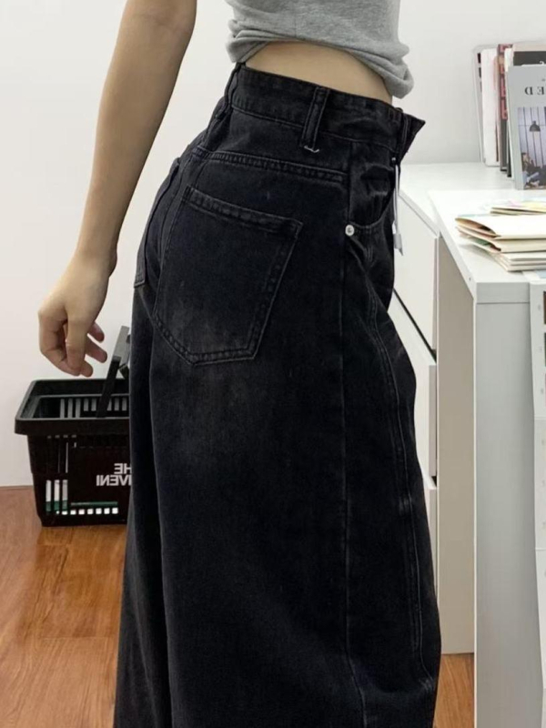 Ženske traperice visokog struka u američkom retro stilu, crno-siva boja, široka silueta, izblijedjeli učinak, vintage stil, duljina do poda