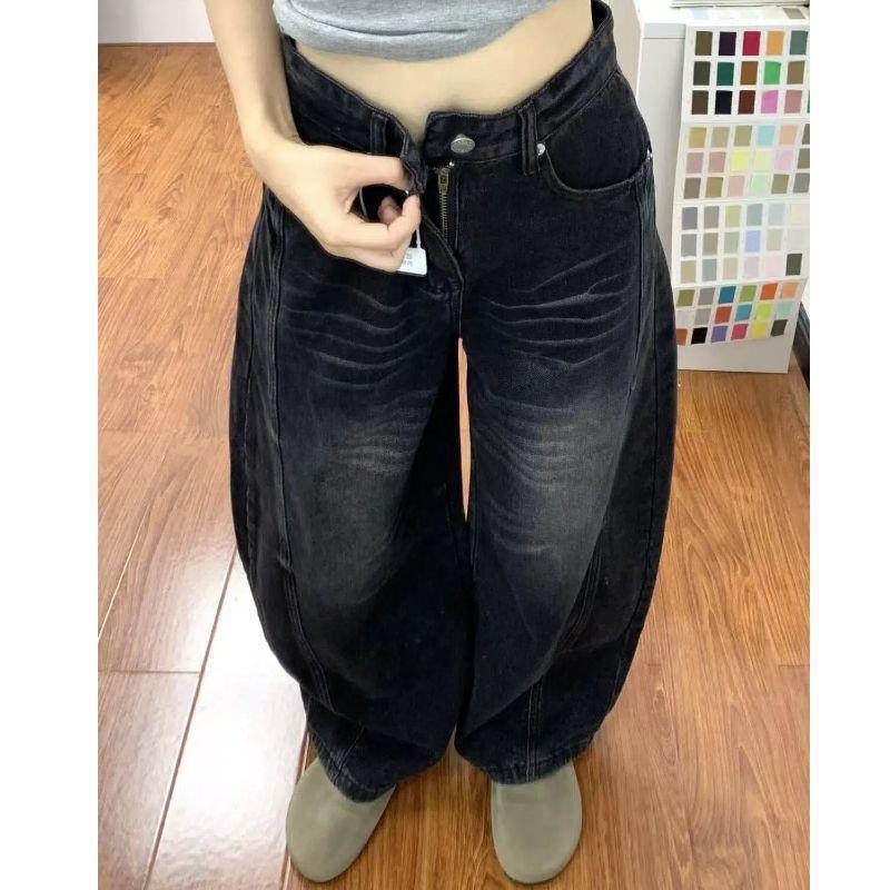 Ženske traperice visokog struka u američkom retro stilu, crno-siva boja, široka silueta, izblijedjeli učinak, vintage stil, duljina do poda
