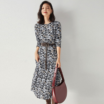 Shenghong Francuski stil elegantna cvjetna haljina s okruglim izrezom, slobodan kroj, plisirana midi duljina