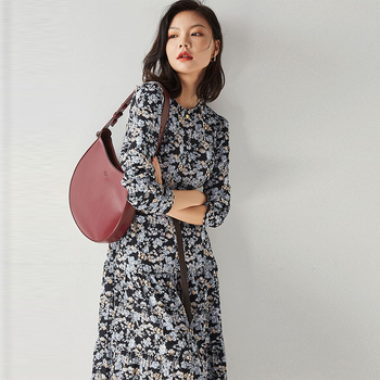 Shenghong Francuski stil elegantna cvjetna haljina s okruglim izrezom, slobodan kroj, plisirana midi duljina