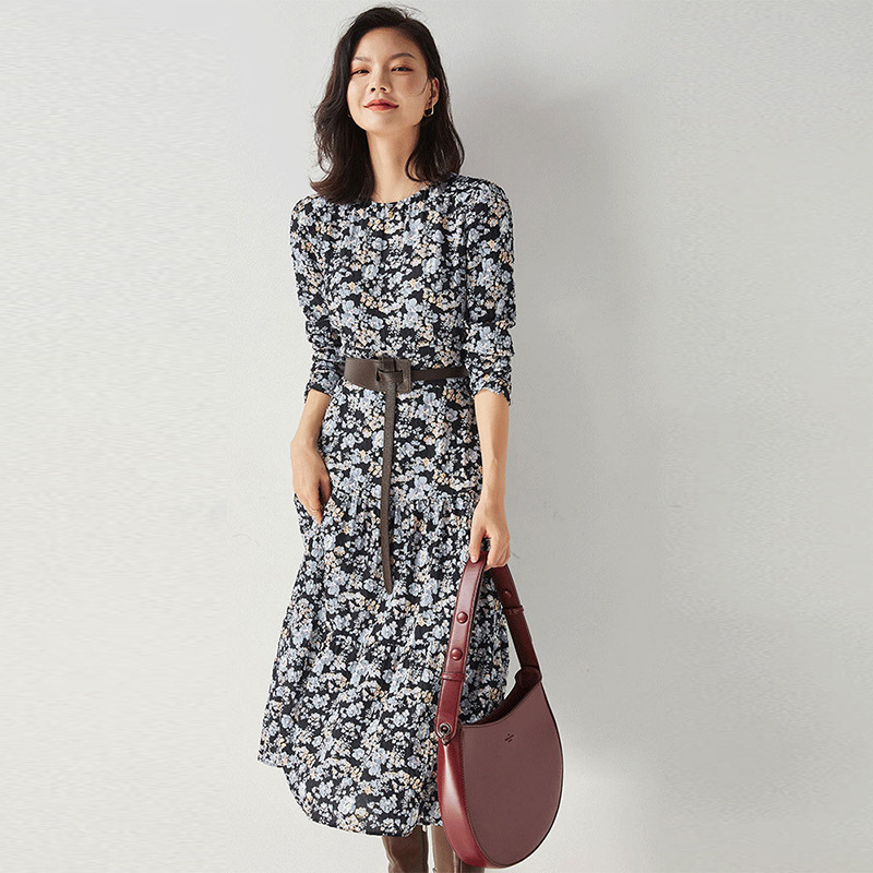 Shenghong Francuski stil elegantna cvjetna haljina s okruglim izrezom, slobodan kroj, plisirana midi duljina