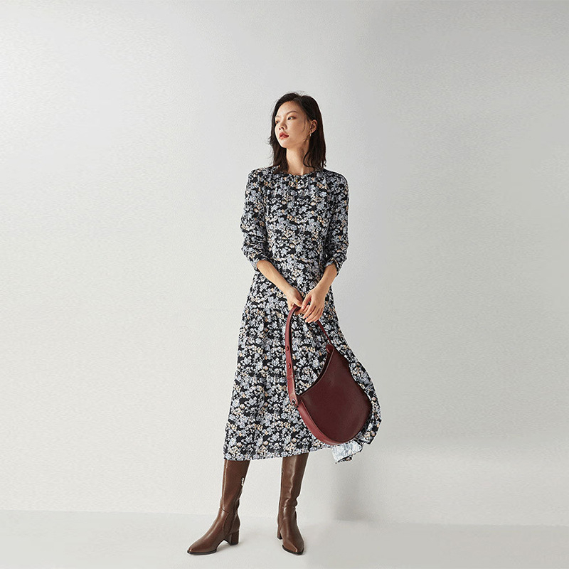 Shenghong Francuski stil elegantna cvjetna haljina s okruglim izrezom, slobodan kroj, plisirana midi duljina
