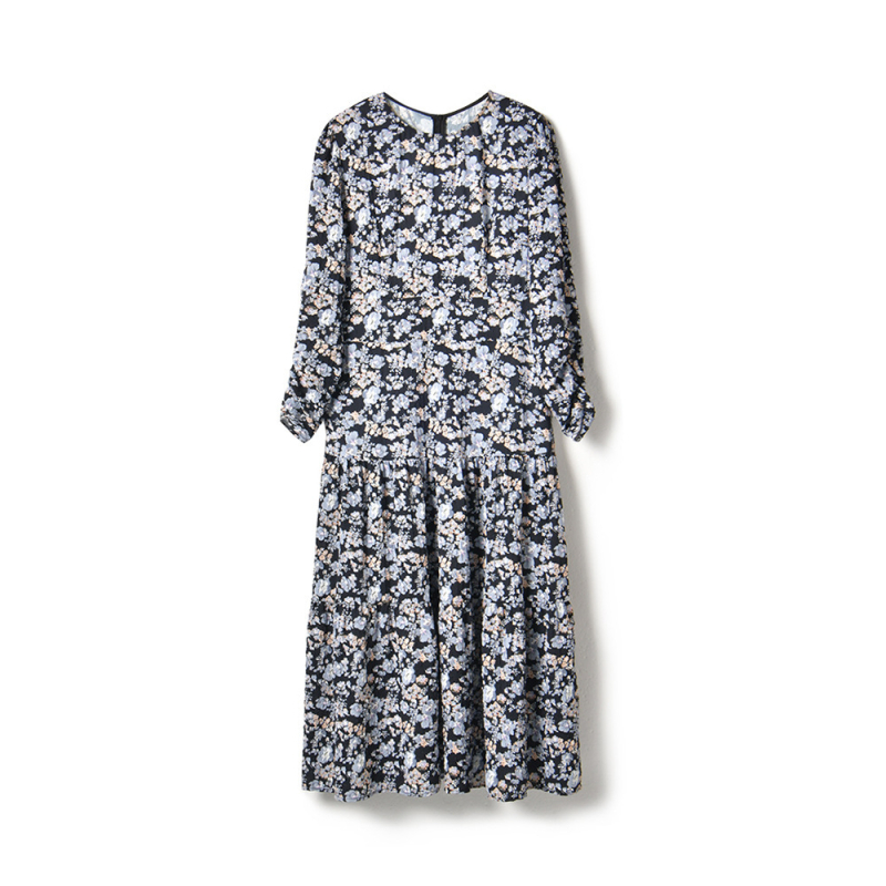 Shenghong Francuski stil elegantna cvjetna haljina s okruglim izrezom, slobodan kroj, plisirana midi duljina