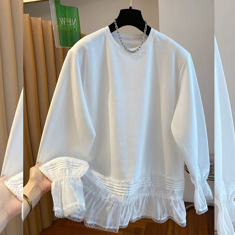 Pamukasta jednobojna majica s čipkastim obrubom, labav kroj, okrugli izrez, dugi rukavi, veličina L, ženski elegantni top za jesen 2025