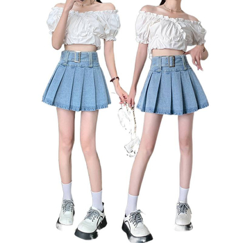 Plusz méretű pliszírozott farmer szoknya, magas derekú, karcsúsító hatású, 2026, sokoldalú rövid szoknya