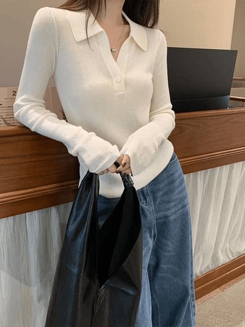Plus-size žena pletena majica s polo ovratnikom, dugi rukavi, proljetni novi stil, siva