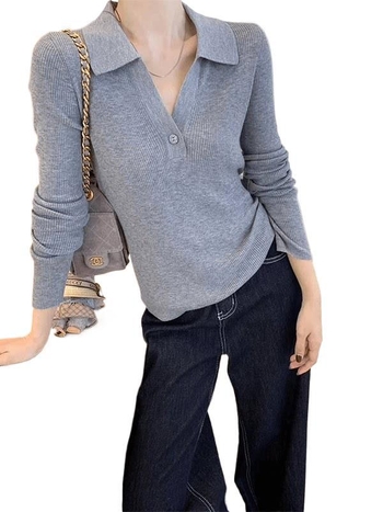 Plus-size žena pletena majica s polo ovratnikom, dugi rukavi, proljetni novi stil, siva