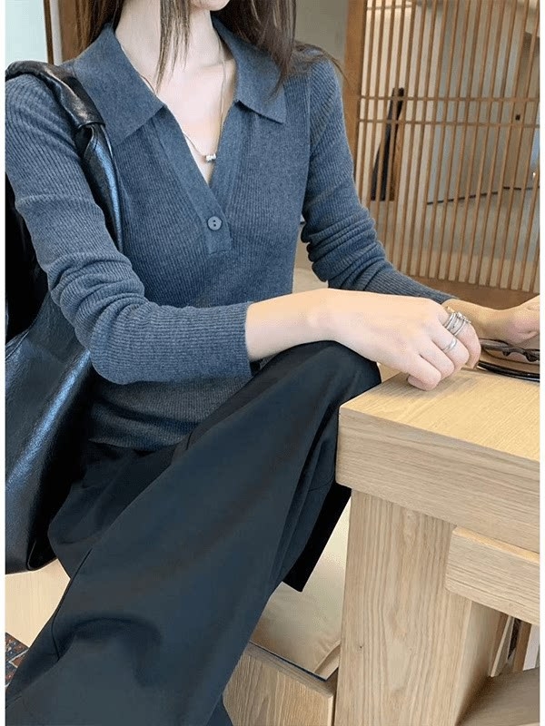 Plus-size žena pletena majica s polo ovratnikom, dugi rukavi, proljetni novi stil, siva