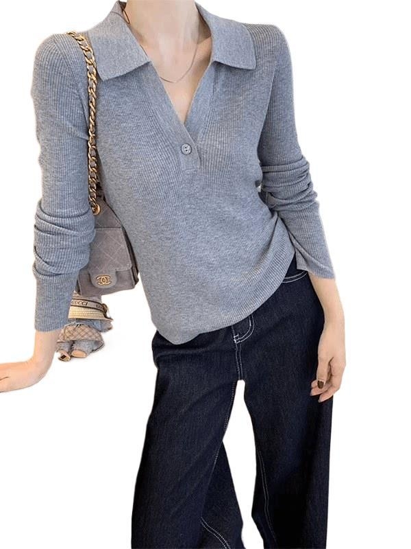 Plus-size žena pletena majica s polo ovratnikom, dugi rukavi, proljetni novi stil, siva