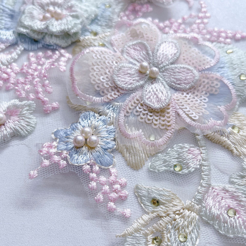 3D бродирана дантела с мъниста и кристали за облекло – мрежеста дантела за рокли, танцови костюми и сватбени аксесоари