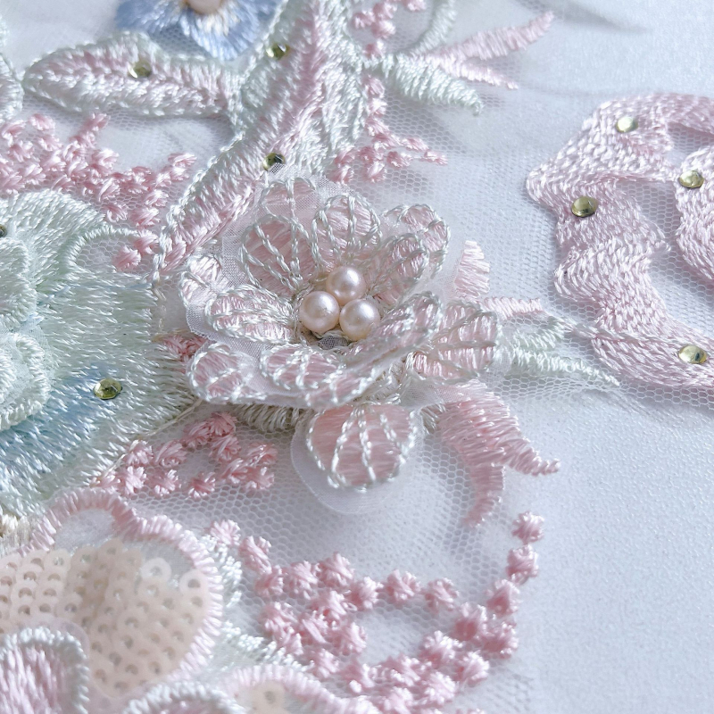 3D бродирана дантела с мъниста и кристали за облекло – мрежеста дантела за рокли, танцови костюми и сватбени аксесоари