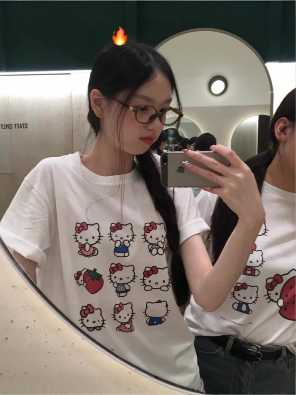 Ženski T-shirt kratkih rukava od 100% pamuka, KT tisak s dizajnom devet kvadrata, slobodan kroj, veličina L, ljeto 2025