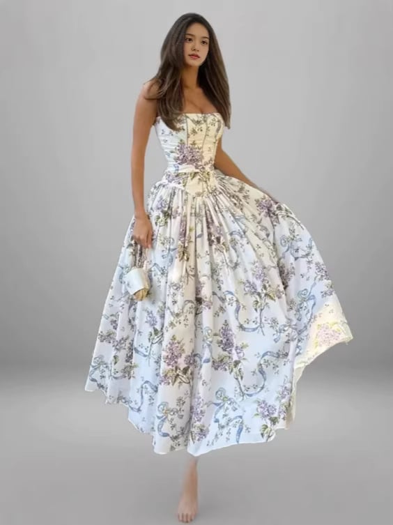 Елегантна флорална рокля в стил Европа-Америка, А-линия, подчертана талия, миди дължина, без ръкави