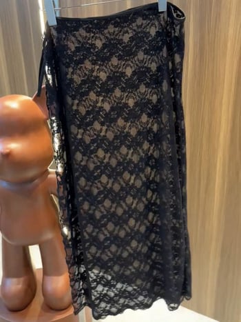 Ljetna plus veličine midi suknja s otvorenom čipkom, s rasparom i vezanjem u struku