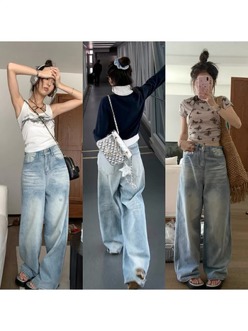 Svijetloplave traperice s rupicama i pranjem, ženski model, straight kroj, visokim strukom, široke nogavice