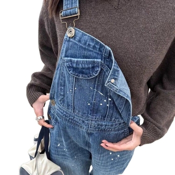 Džins overol s naramenicama, širok ravni kroj, unisex, gradski retro, ispran