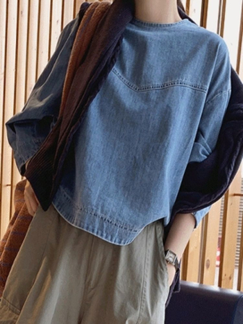 Ženski cropped denim top s okruglim izrezom, slobodan kroj, 3/4 rukavi, plus veličina