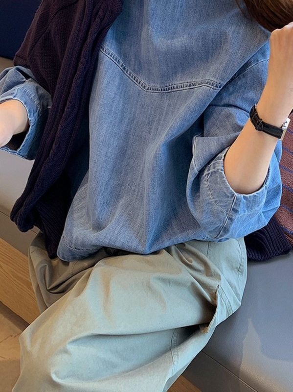 Ženski cropped denim top s okruglim izrezom, slobodan kroj, 3/4 rukavi, plus veličina