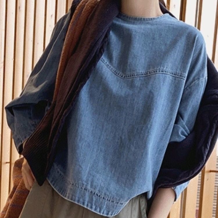 Ženski cropped denim top s okruglim izrezom, slobodan kroj, 3/4 rukavi, plus veličina