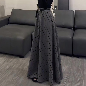 Plus-size suknja s točkicama u korejskom stilu za žene, siva jesen retro, široka duga suknja
