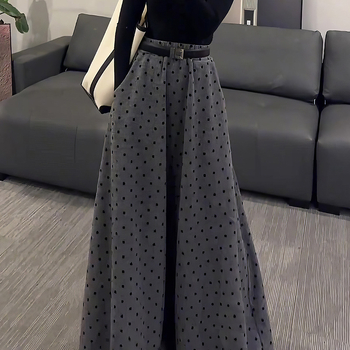 Plus-size suknja s točkicama u korejskom stilu za žene, siva jesen retro, široka duga suknja