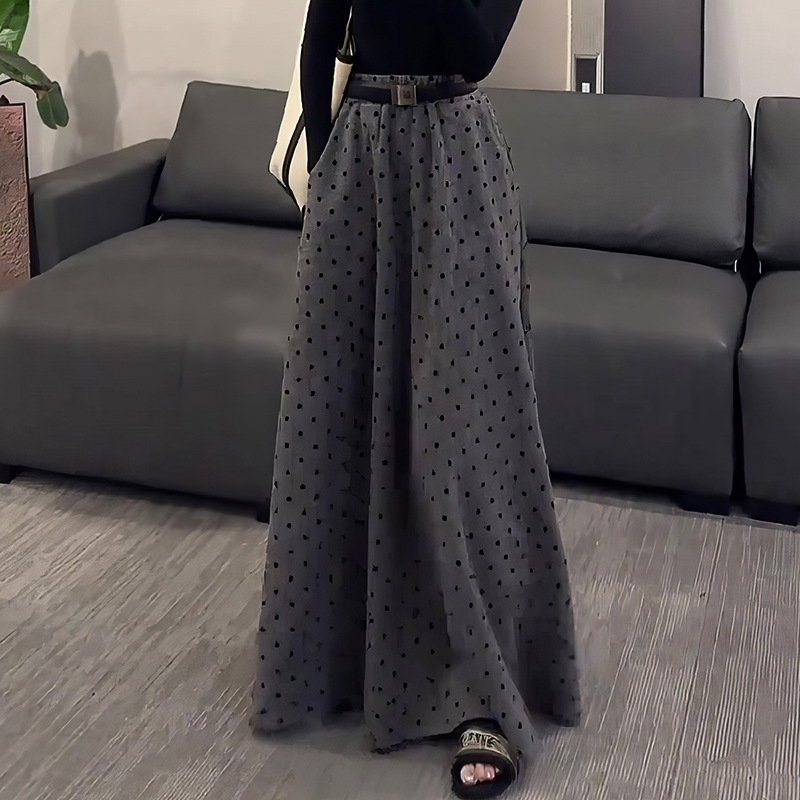 Plus-size suknja s točkicama u korejskom stilu za žene, siva jesen retro, široka duga suknja