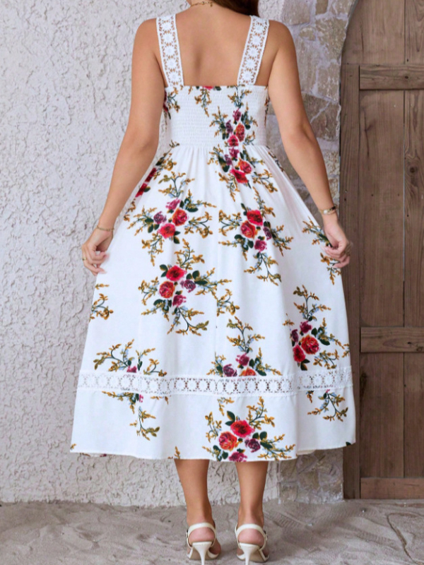 Bezrukavna haljina s floralnim printom, poliester, duga, plus veličina, uredski stil, ljeto 2025