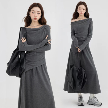 Двучастен комплект за жени: дълъг ръкав, висока талия, неравномерно горнище и пола, есен 2024