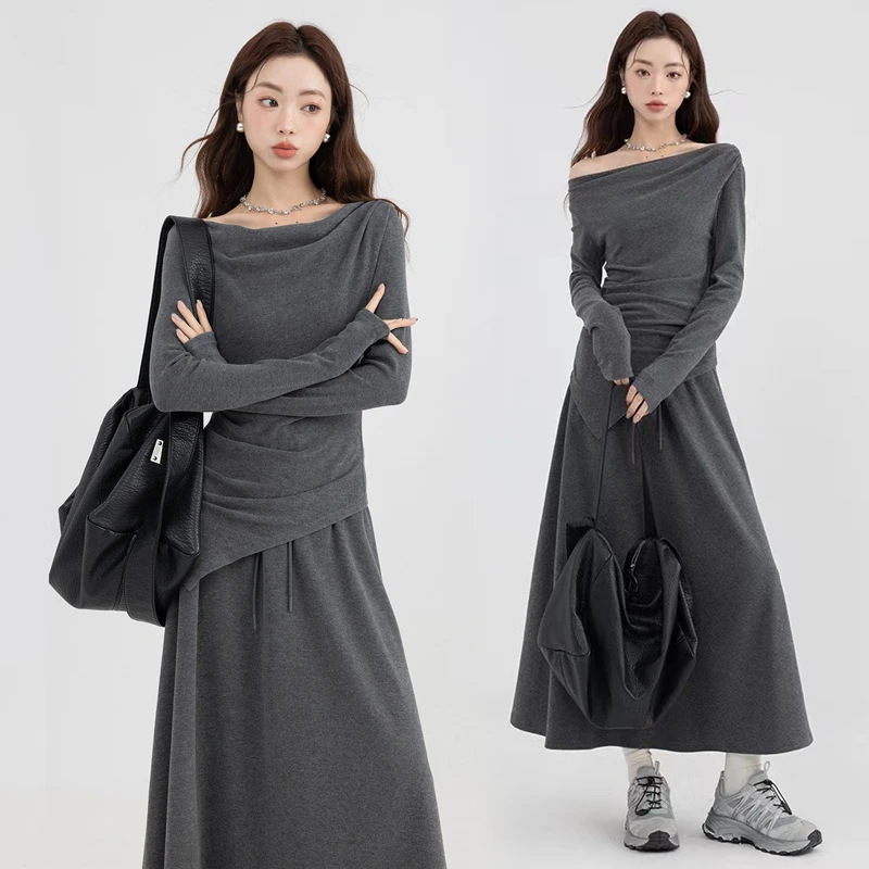 Двучастен комплект за жени: дълъг ръкав, висока талия, неравномерно горнище и пола, есен 2024