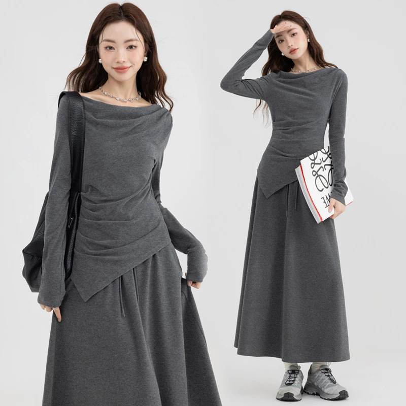 Двучастен комплект за жени: дълъг ръкав, висока талия, неравномерно горнище и пола, есен 2024