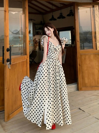 Plisirane haljine s malim puf rukavima, retro točkasti print, ženska ljetna elegantna haljina s naglašenim strukom za odmor uz more