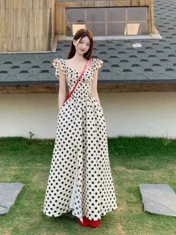 Plisirane haljine s malim puf rukavima, retro točkasti print, ženska ljetna elegantna haljina s naglašenim strukom za odmor uz more