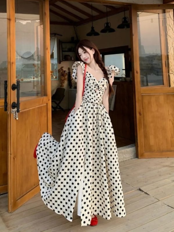 Plisirane haljine s malim puf rukavima, retro točkasti print, ženska ljetna elegantna haljina s naglašenim strukom za odmor uz more
