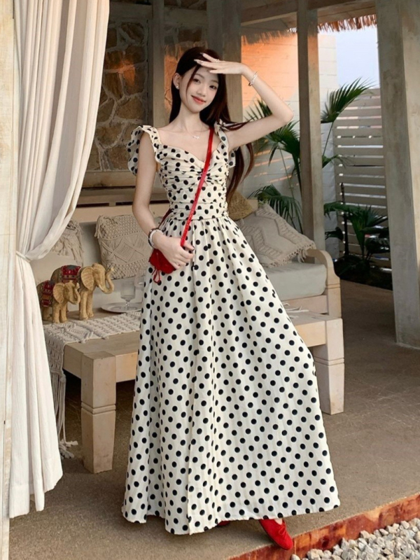 Plisirane haljine s malim puf rukavima, retro točkasti print, ženska ljetna elegantna haljina s naglašenim strukom za odmor uz more
