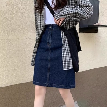 Tamno plava retro denim midi suknja s visokim strukom, A-linija, korejski stil, jedinstven dizajn, za ljeto