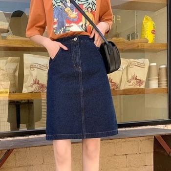 Tamno plava retro denim midi suknja s visokim strukom, A-linija, korejski stil, jedinstven dizajn, za ljeto