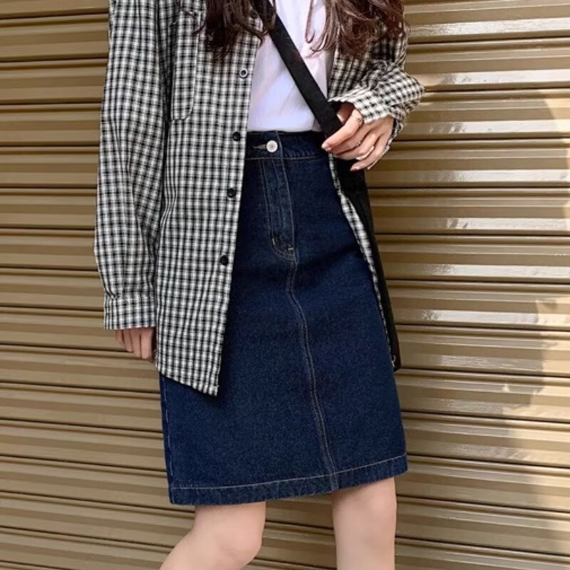 Tamno plava retro denim midi suknja s visokim strukom, A-linija, korejski stil, jedinstven dizajn, za ljeto