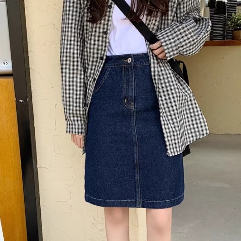 Tamno plava retro denim midi suknja s visokim strukom, A-linija, korejski stil, jedinstven dizajn, za ljeto