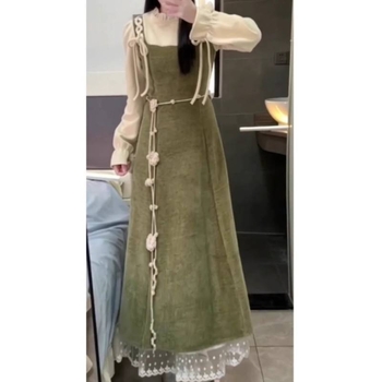 Дамски двучастен комплект за есен/зима 2025 г., корейски стил, топ с дълъг ръкав и презрамкова рокля, оформя талията