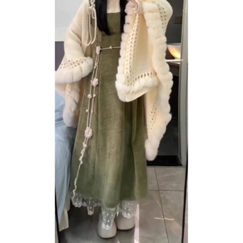 Дамски двучастен комплект за есен/зима 2025 г., корейски стил, топ с дълъг ръкав и презрамкова рокля, оформя талията