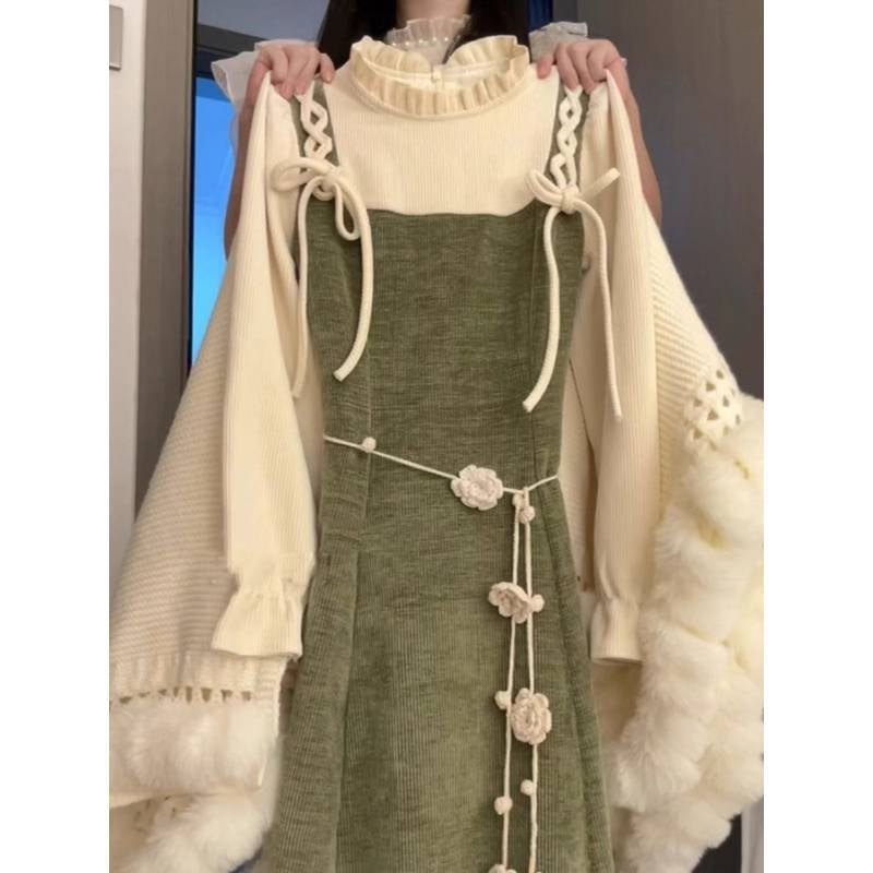 Дамски двучастен комплект за есен/зима 2025 г., корейски стил, топ с дълъг ръкав и презрамкова рокля, оформя талията