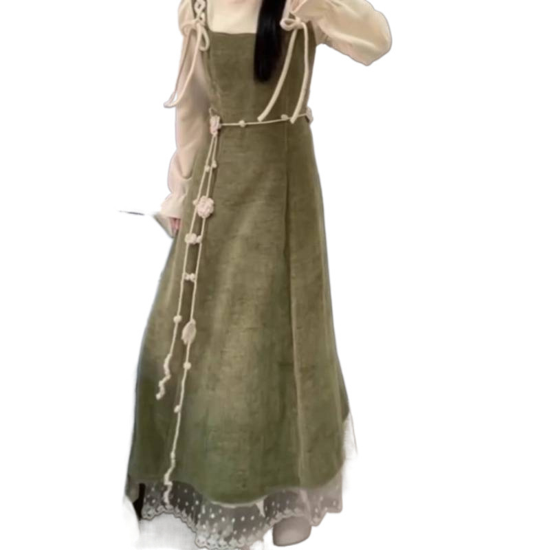 Дамски двучастен комплект за есен/зима 2025 г., корейски стил, топ с дълъг ръкав и презрамкова рокля, оформя талията