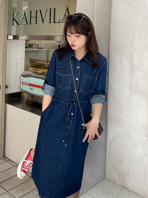Ženska denim haljina-košulja, plus veličine, dugi rukavi, mekani denim, model K2006