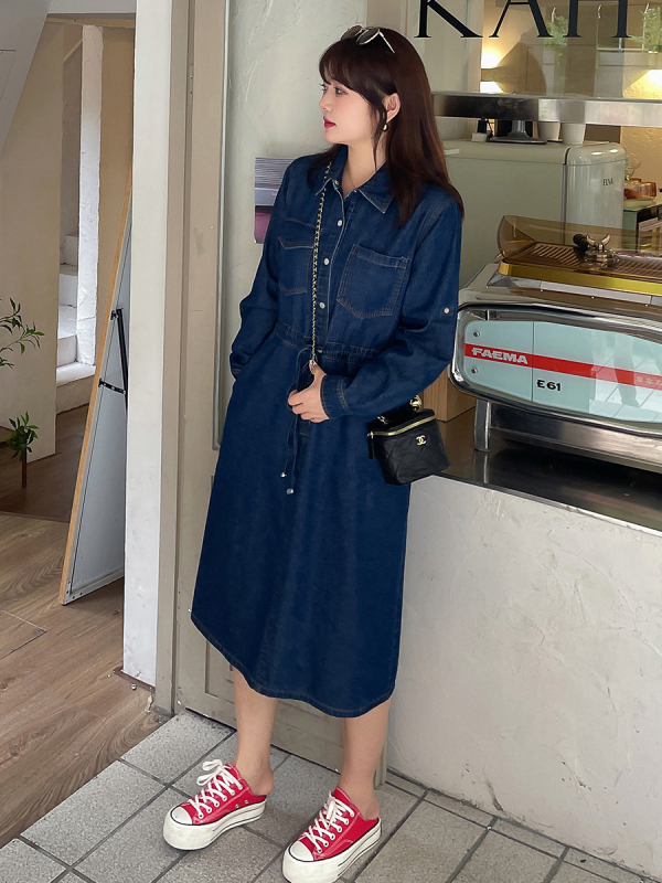 Ženska denim haljina-košulja, plus veličine, dugi rukavi, mekani denim, model K2006