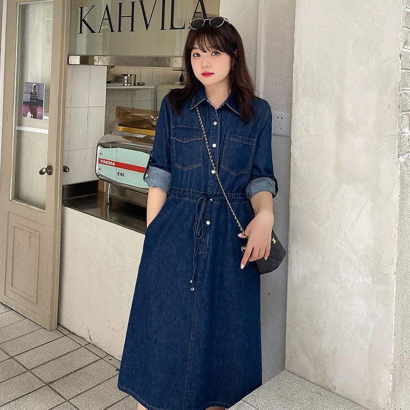 Ženska denim haljina-košulja, plus veličine, dugi rukavi, mekani denim, model K2006
