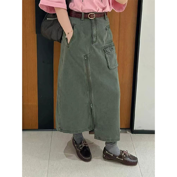 Denim midi suknja s visokim strukom, opuštenog kroja, asimetričnim rubom i prorezom, korejskog stila s hongkonškim retro šarmom, za žene