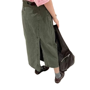 Denim midi suknja s visokim strukom, opuštenog kroja, asimetričnim rubom i prorezom, korejskog stila s hongkonškim retro šarmom, za žene