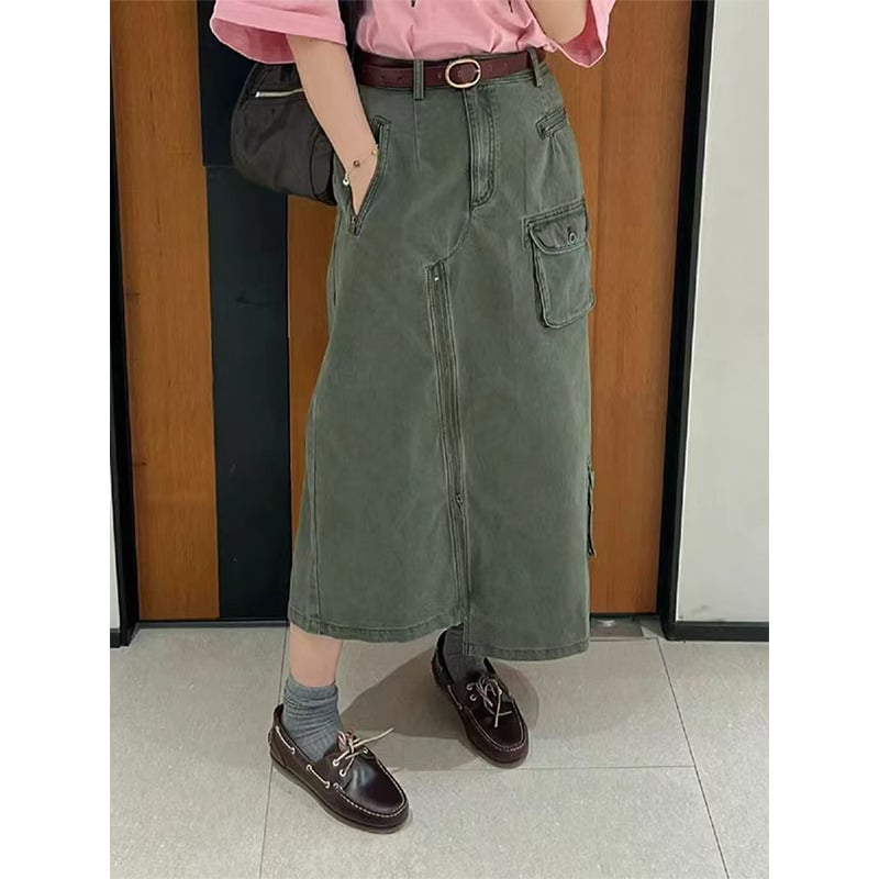 Denim midi suknja s visokim strukom, opuštenog kroja, asimetričnim rubom i prorezom, korejskog stila s hongkonškim retro šarmom, za žene